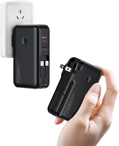 QiSa Cargador portátil, banco de energía, banco de energía de 16000 mAh, enchufe de pared de CA integrado y cables, PD 30 W y QC4.0 cargador rápido