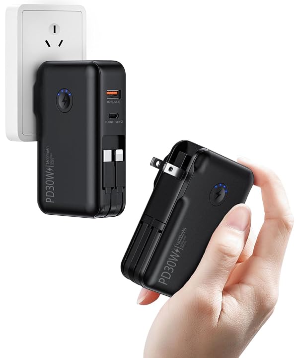 Portable Charger, Power Bank, 16000mAh Power Bank Built-in AC Wall Plug and Cables, PD 30W and QC4.0 Fast Charger for iPhone and Android Phones and Most Electronic Devices (Black) by LOVELEDI - Used condition - CA$30.13