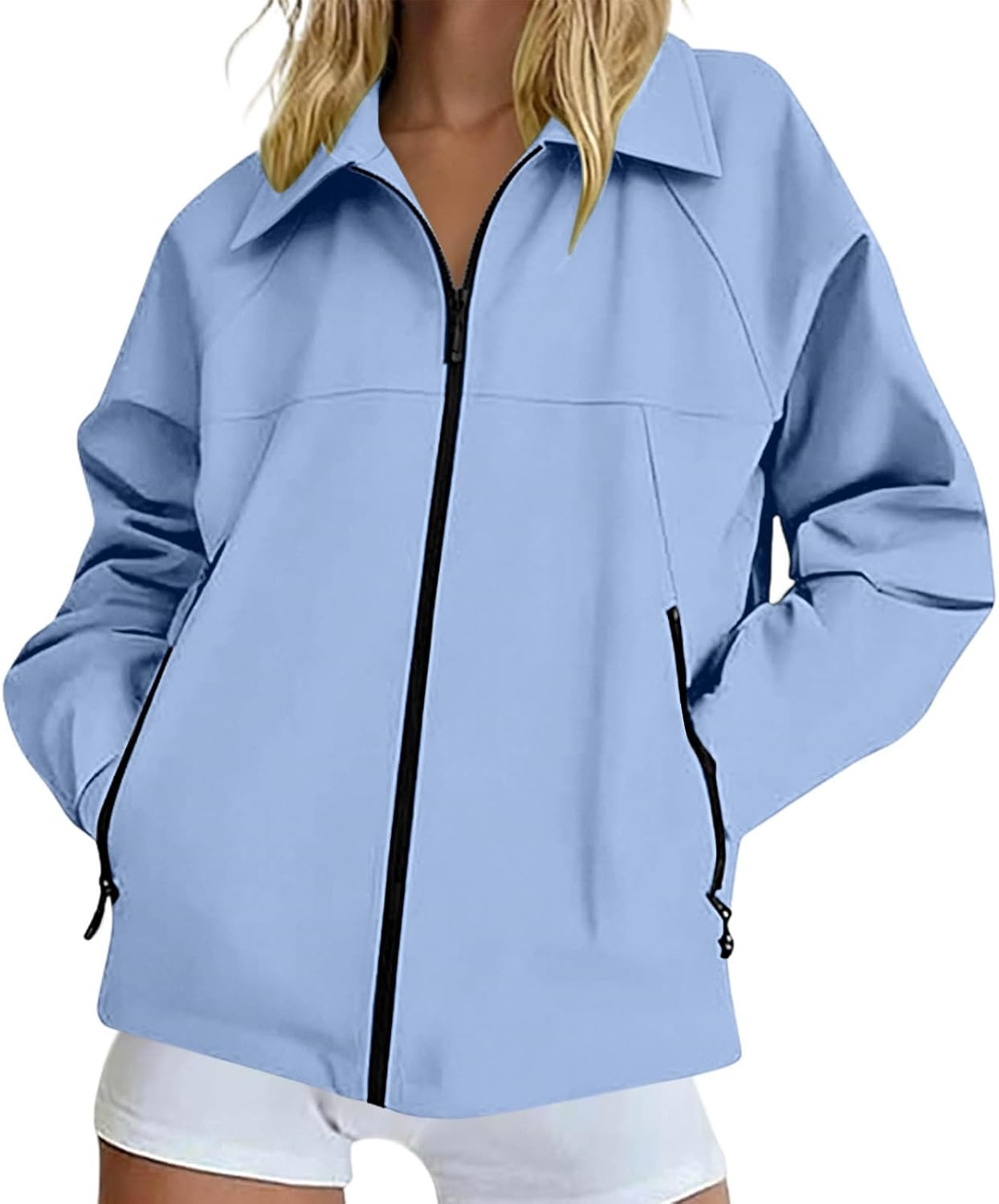Women Lapel Zip Up Jacket Raglan Long Sleeve Loose Windbreaker Coat Outdoor Hiking Waterproof Jacket with Pockets