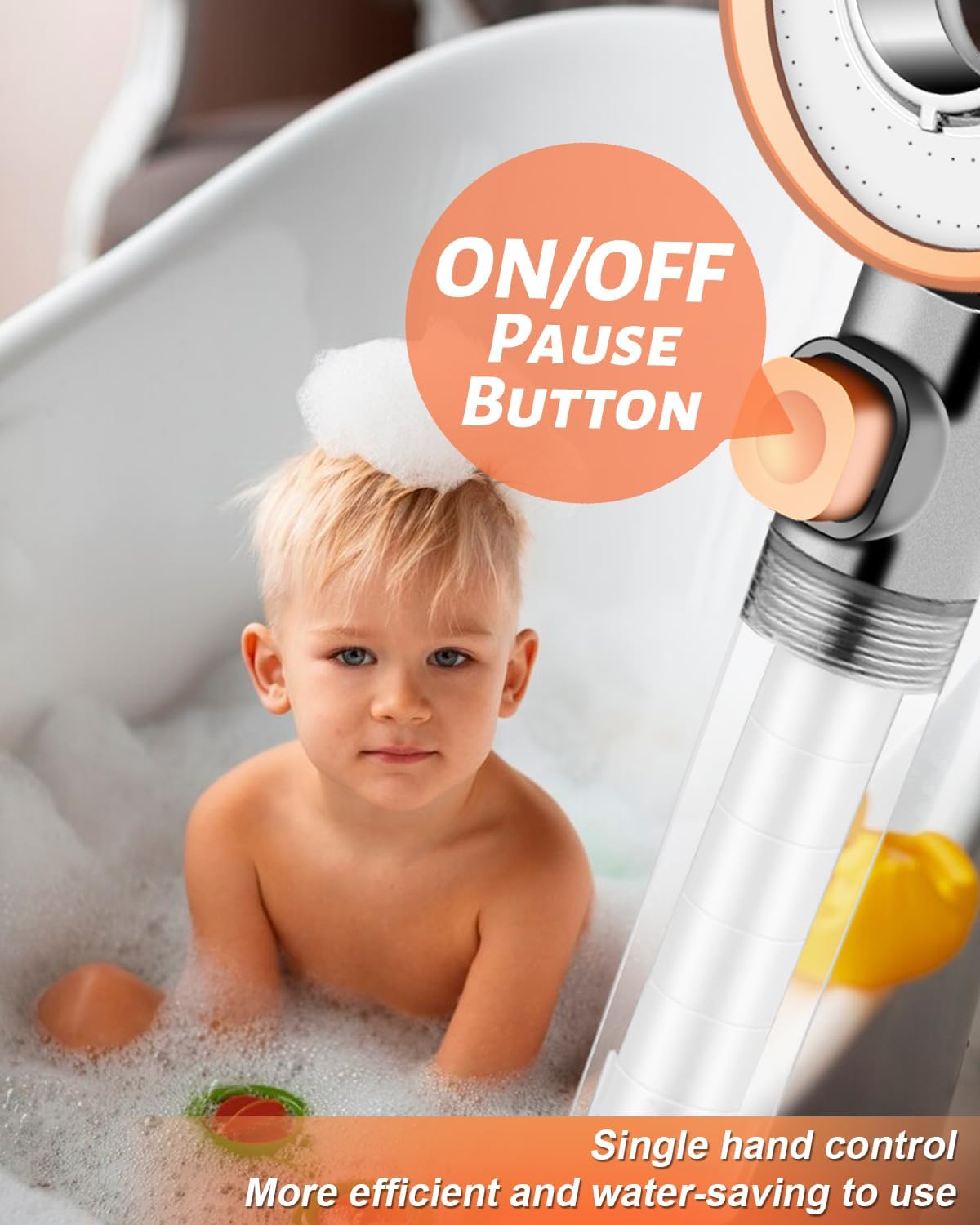Image showing the ON/OFF pause button on the shower head handle.