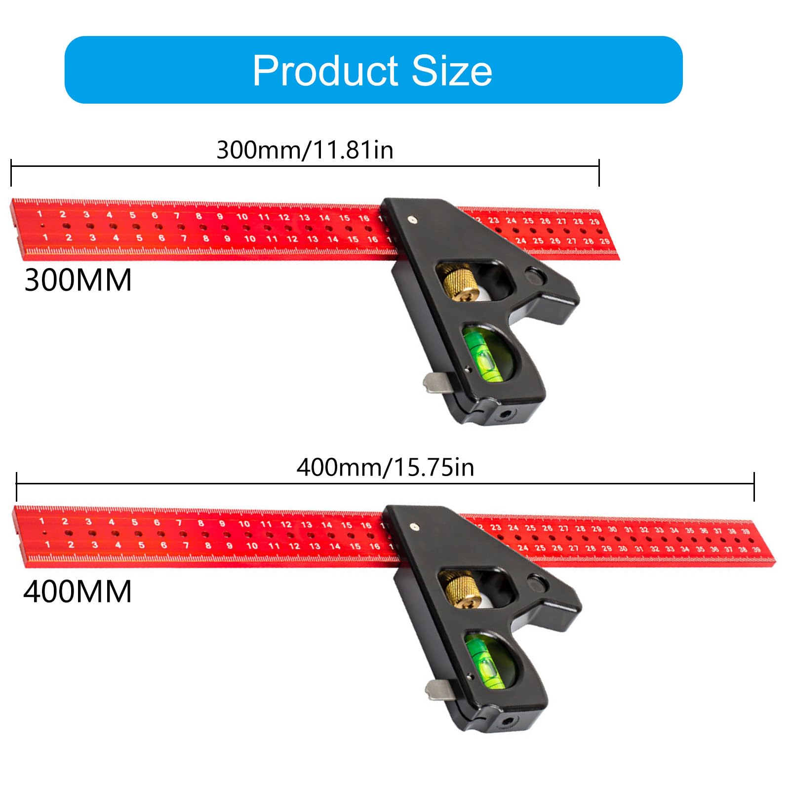 Essential - Set di attrezzi per la lavorazione del legno, con quadratura regolabile da 300/400 mm, con scala metrica a doppio lato e livelli, goniometro regolabile a bolle