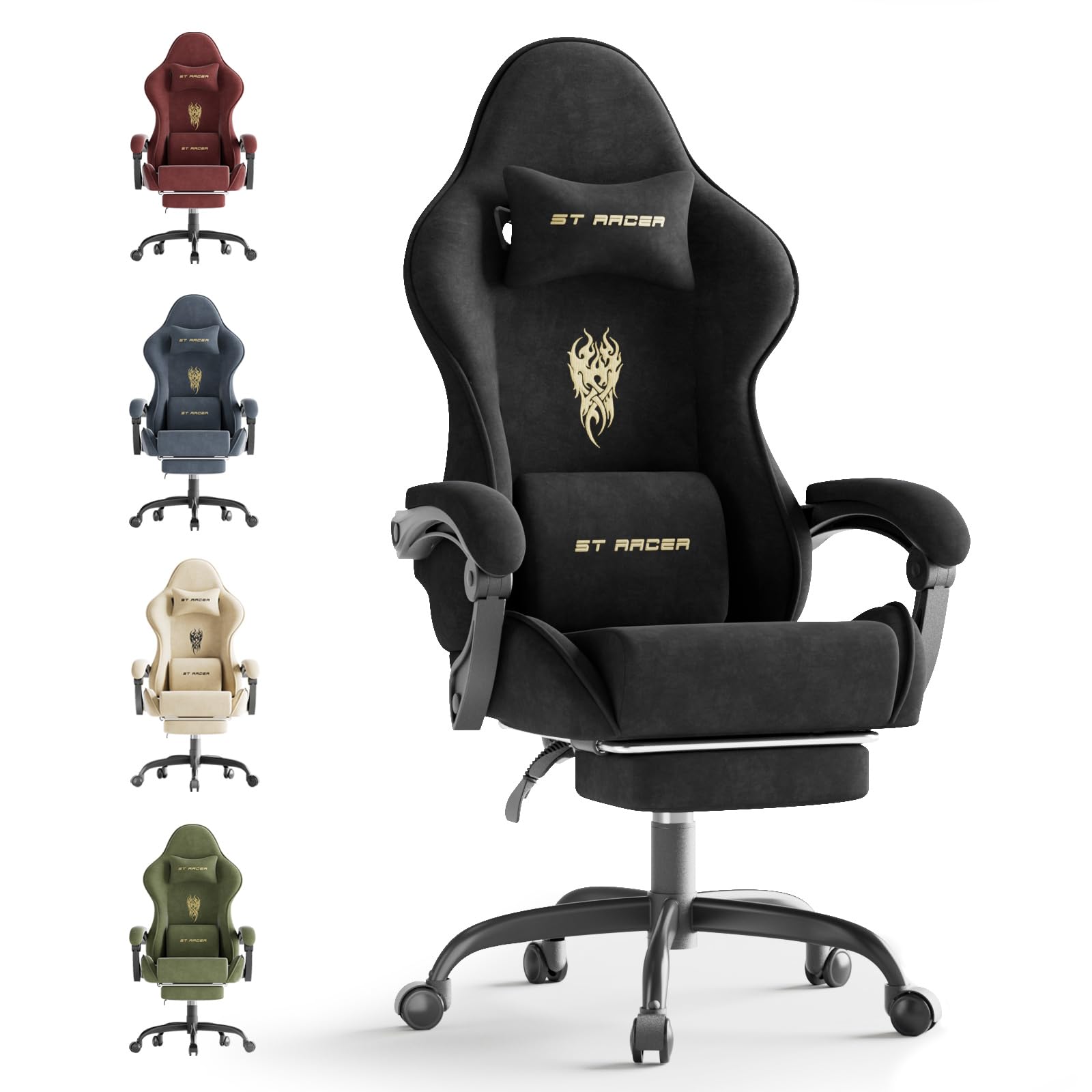 Ferghana Silla Gaming Ergonómica con Masajeador,Silla Gamer de Terciopelo con Soporte Lumbar de Masaje,Reposacabezas,Reposapiés,Silla de Oficina,Silla Ergonómica de PC,Rotación de 360°,Negro