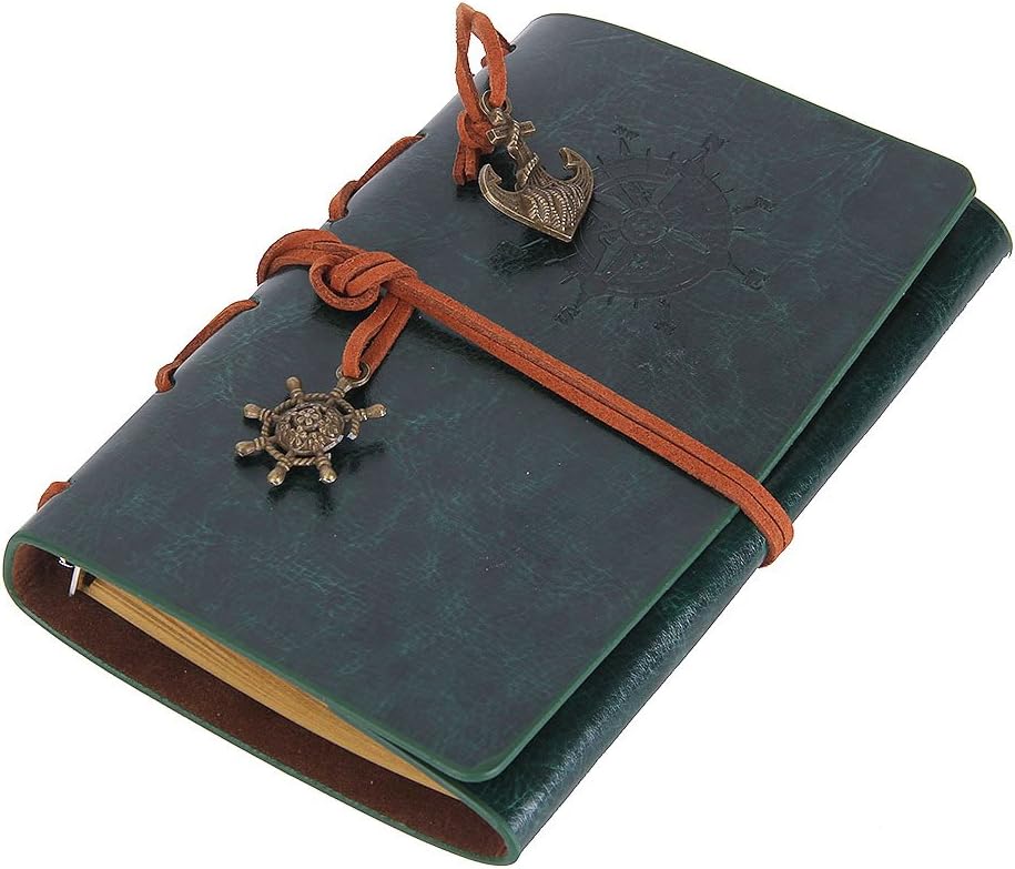 EvZ Retro Green Leather Journal - 5" Refillable Vintage Nautical Notebook with Anchor & Rudder Pendants - Small Spiral Blank Sketchbook for Travel, Nature Writing & Art - Classic Embossed Diary, Forest Green image 4