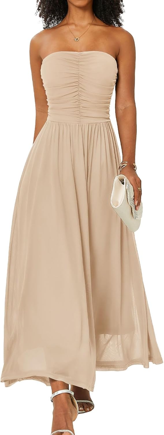 DRESSTELLS Women's Cocktail Dress, Strapless Tube Top Long Maxi Summer Formal Mesh Dresses 2025