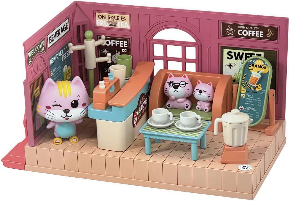 Koko's Cat Town DIY Miniature House Kit,Tiny Pink House Series–Cafes Building Kit,Dollhouse for 3 and up, Dollhouse Building Kit with Cats,Cat Toys Gift for Teens Kids Ages 3+