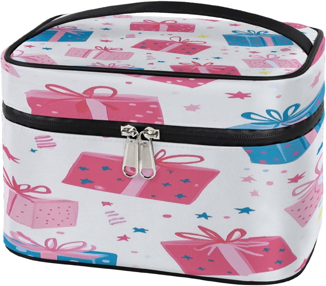 Gift Box Pattern Colorful Makeup Bag for Women Girls Large Cosmetic Organizer Bags with Brush Holder Waterproof Leather Travel Toiletry Storage Bag Gift