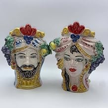 SICILIA BEDDA CAPACI Classic Caltagirone Moor's Head with Fruit, Polished Enamel Version - Height 20 cm - Men