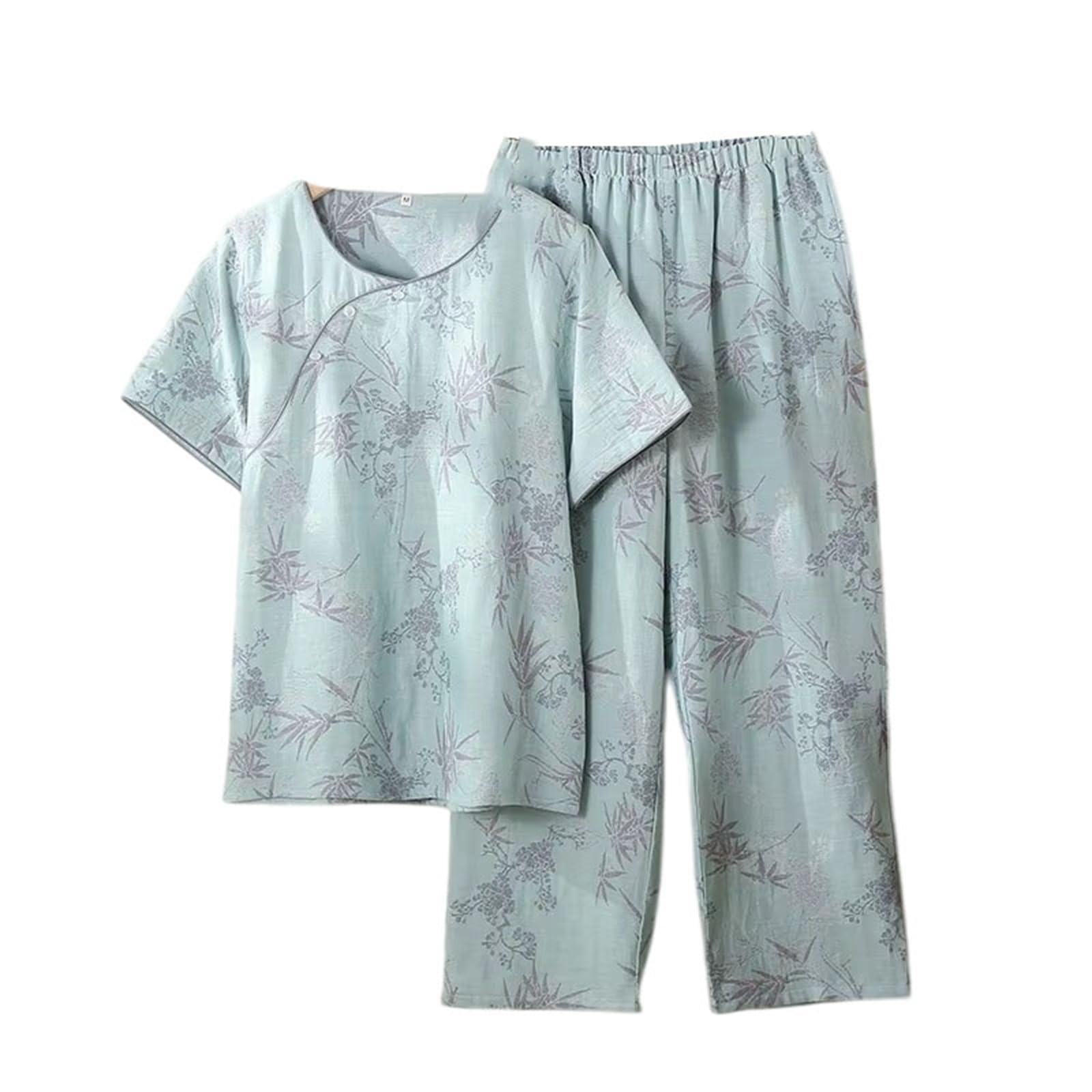 Ropa de dormir de algodón con estampado tradicional para mujer, primavera y verano, manga corta, pantalones largos, pijamas sueltos