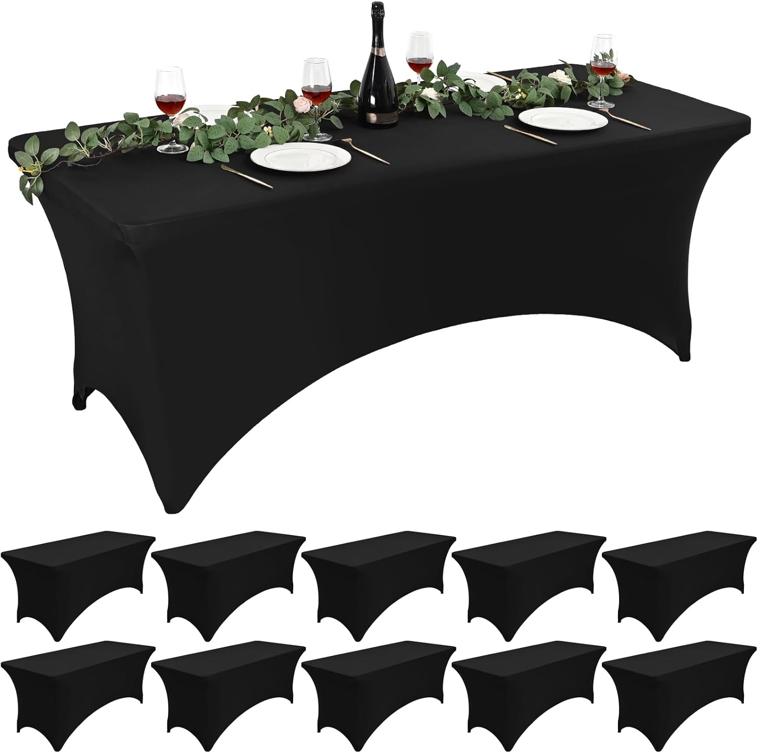 Lykoow 10 Pack Black Stretch Spandex Table Cloths for 6Ft