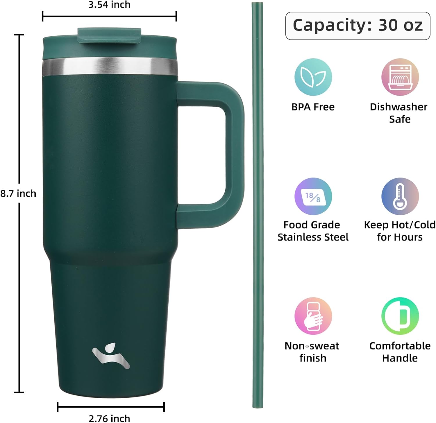 30 oz Tumbler with Handle and 2 Straws,2 in 1 Lid Insulated Water Bottle Stainless Steel Travel Coffee Mug,Dark Green - Image 4