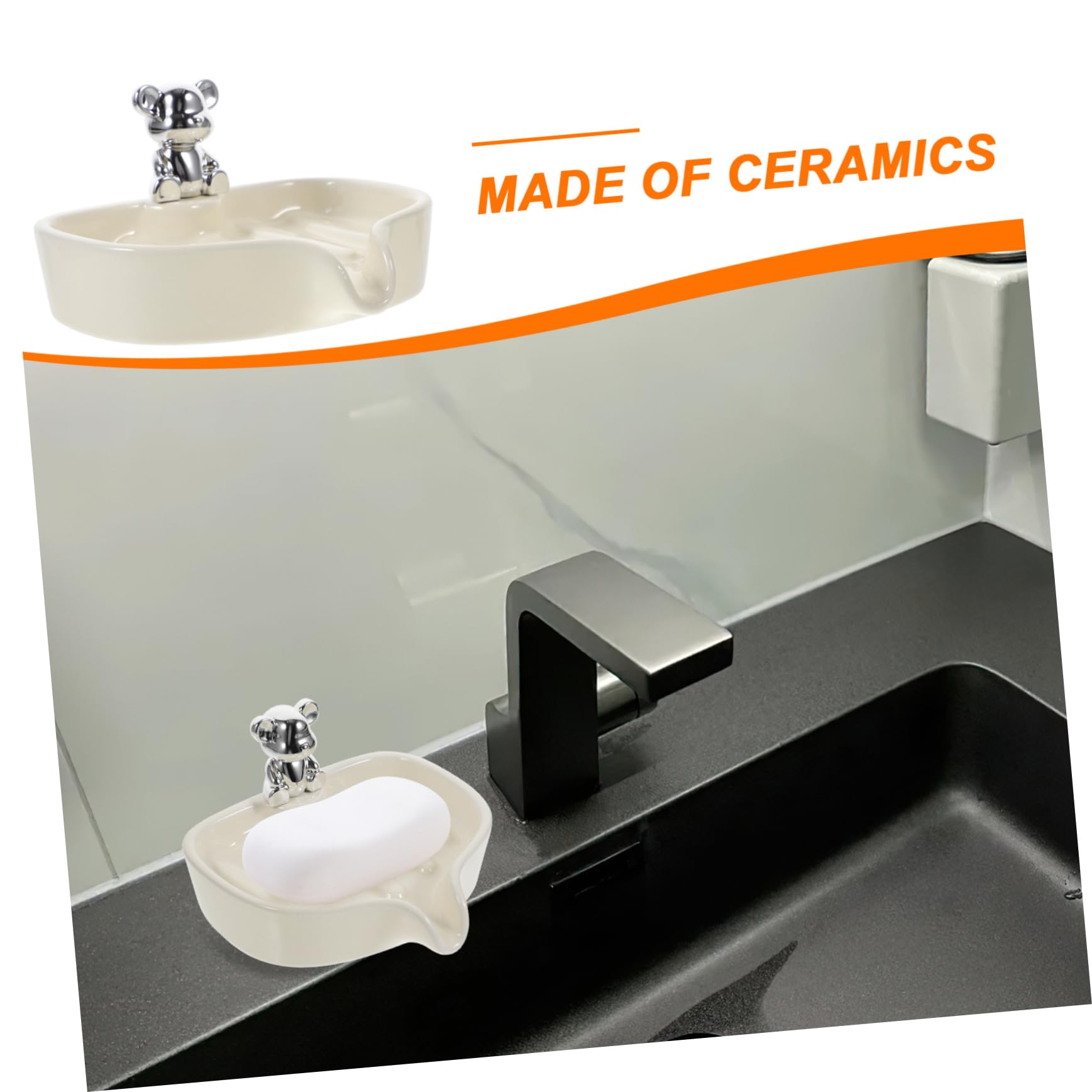 WOONEKY Bear Soap Holder Ceramic Soap Dish Draining Tray Decorative Soap Case for Shower