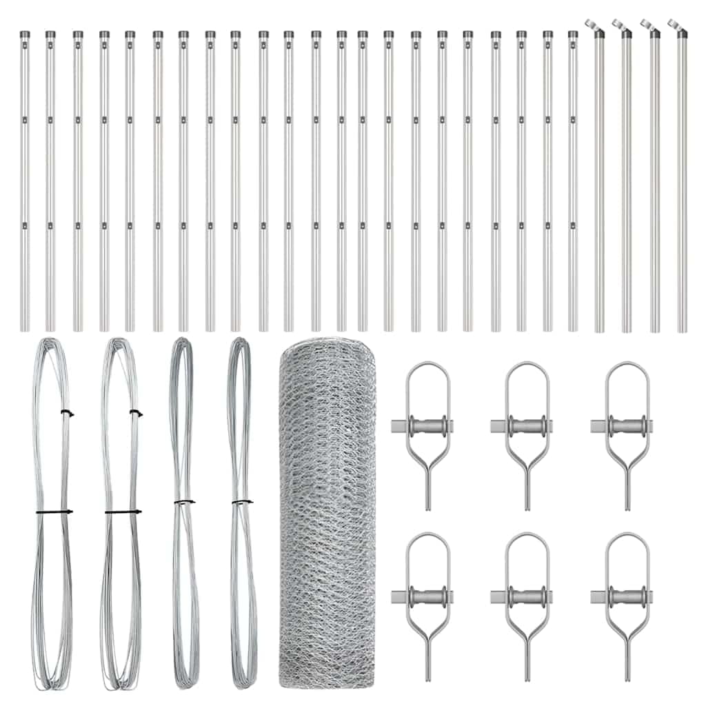 Steel Fence Post Set 50 x 0.6 m 25 mm Mesh Silver Garden Boundary Support Corrosion Resistant Outdoor Security Barrier for Terrace Yard Enclosure
