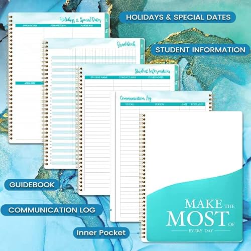 Teacher Planner 2023-2024 - 2023-2024 Teacher Planner, 11" X 8.3", Academic Planner 2023-2024 From July 2023 To June 2024, Teacher Lesson Plan Book With Back Pocket, Sticky Tabs, 6 Kinds Of Additional Function Pages For Scheduling - Teal Waterink #TOP4