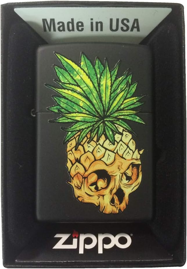 Zippo Custom Lighter - Pineapple Skull Leaf Fire Eyes Punk Fruit Design - Black Matte
