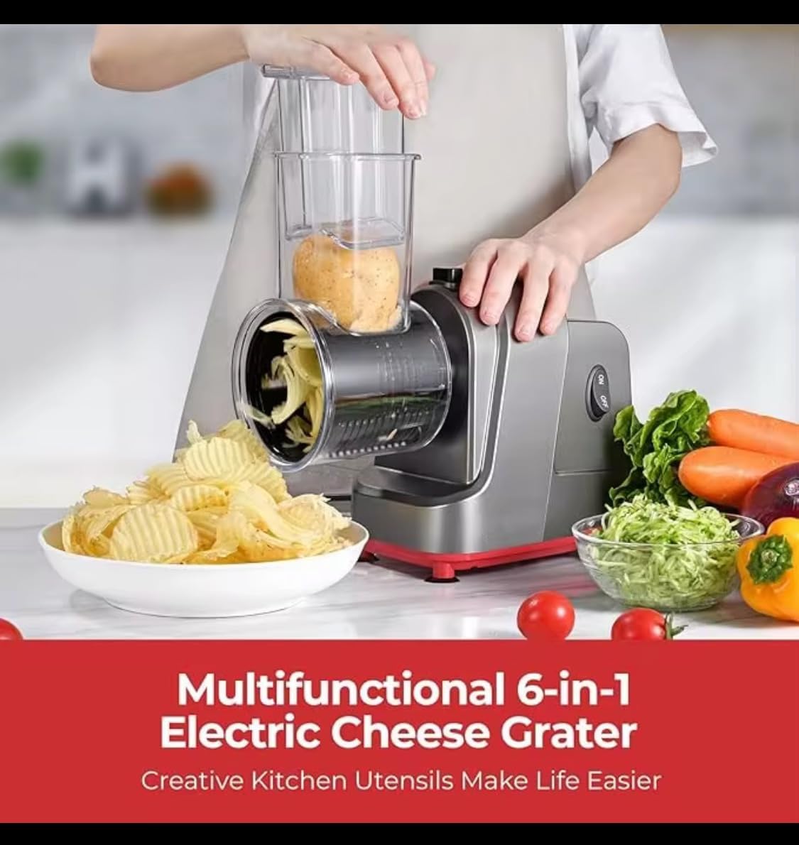 Electric Cheese Grater 5-in-1 – Multi-Function Electric Slicer & Shredder for Cheese, Vegetables, Nuts & More – 150W Powerful Motor, Stainless Steel Blades, Easy to Clean.