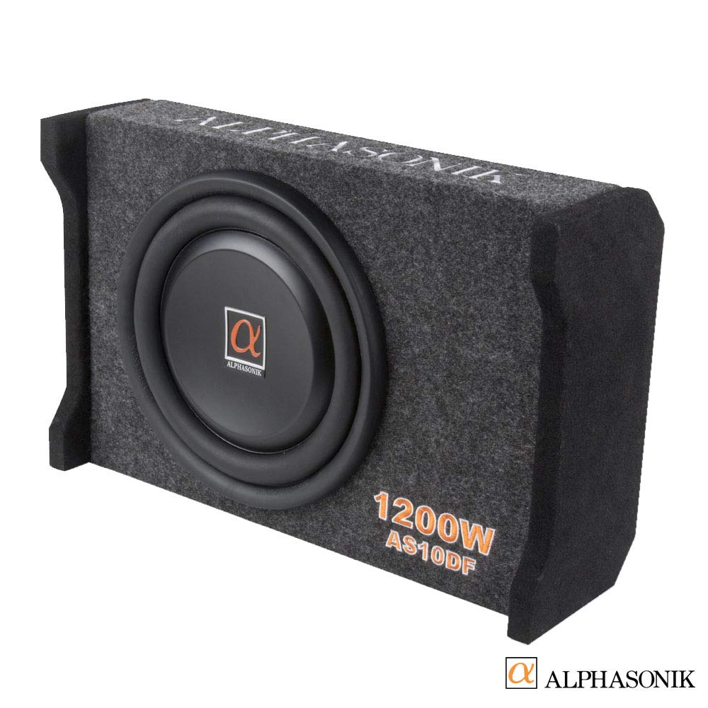 Alphasonik AS10DF 10" 1200 Watts 4-Ohm Down Fire Shallow Mount Flat Enclosed Sub woofer for Tight Spaces in Cars and Trucks, Slim Thin Loaded Subwoofer Air Tight Sealed Bass Enclosure