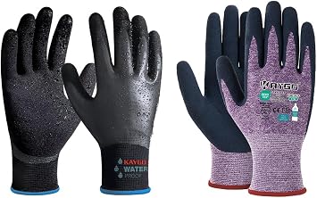 KAYGO Latex Coated Waterproof Black Work Gloves KG150 Size, M and 3 Pairs Eco Friendly Purple Safety Work Gloves KGE19L Size, M Bundle for Men and Women, Ideal for Garden, Outdoor Works