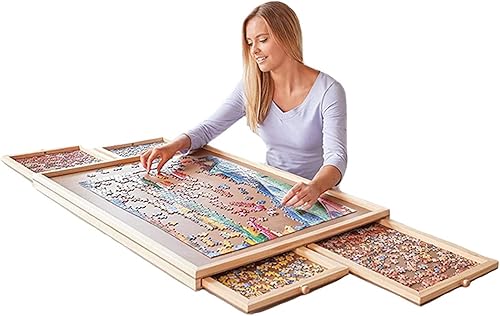 Mesa de rompecabezas de madera de 1000 piezas tablero de rompecabezas portátil con superficie lisa y 4 cajones de almacenamiento deslizantes regalo