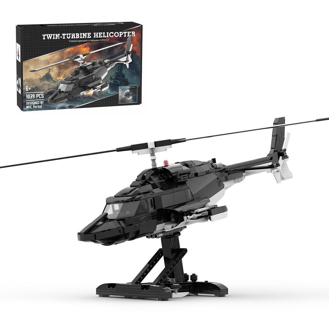 Air- Wolf Helicopter Building Blocks Model, 1039 PCS Military Helicopter Assembly MOC Display Set with Stand, Airplane STEM Model for Youth and Adult, MOC-149250