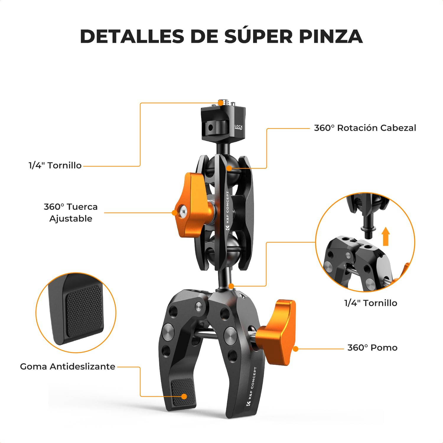 K&F CONCEPT Brazo Mágico con Súper Abrazadera，Magic Arm con Super Clamp Pinza y Cabeza Esférica de 360° Compatible con Cámara/Estabilizador/Teléfono Móvil/GO Pro/dji Action, Carga Máxima:3KG