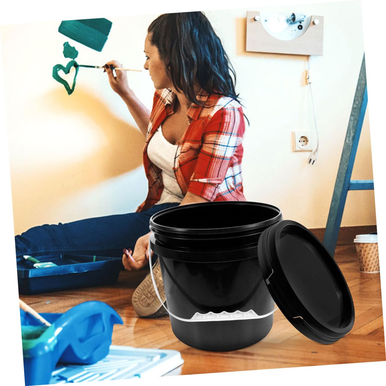 WOONEKY Cubo De Pintura De Plástico con Tapa y Asa Contenedor De Almacenamiento para Pintura Uso Profesional y