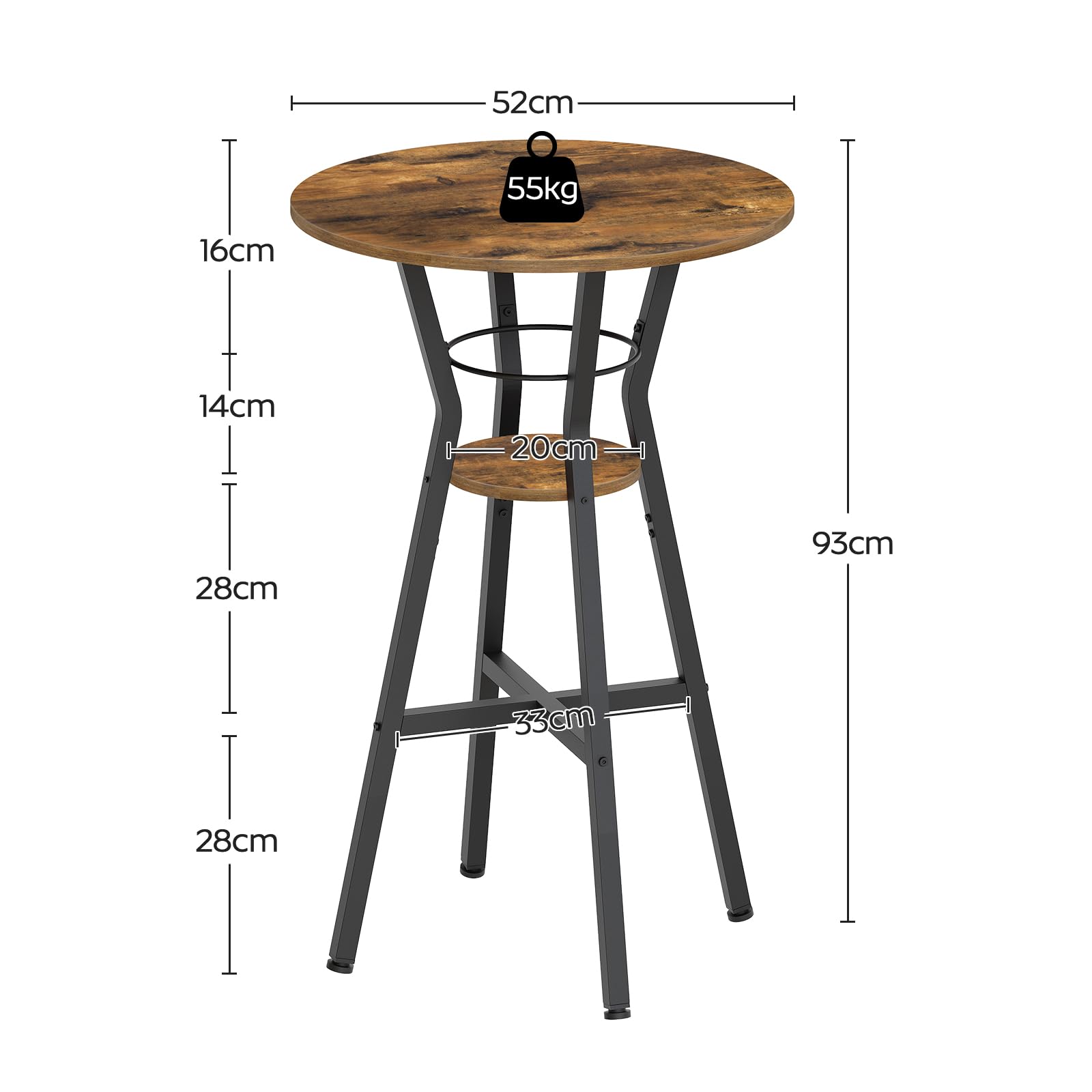 YATINEY Table de Bar, Table de Bistro Ronde à 2 Niveaux, Bar Haut à Domicile, pour Cuisine, Salon, Bureau, Bistro, Marron Rustique et Noir XBT03BR