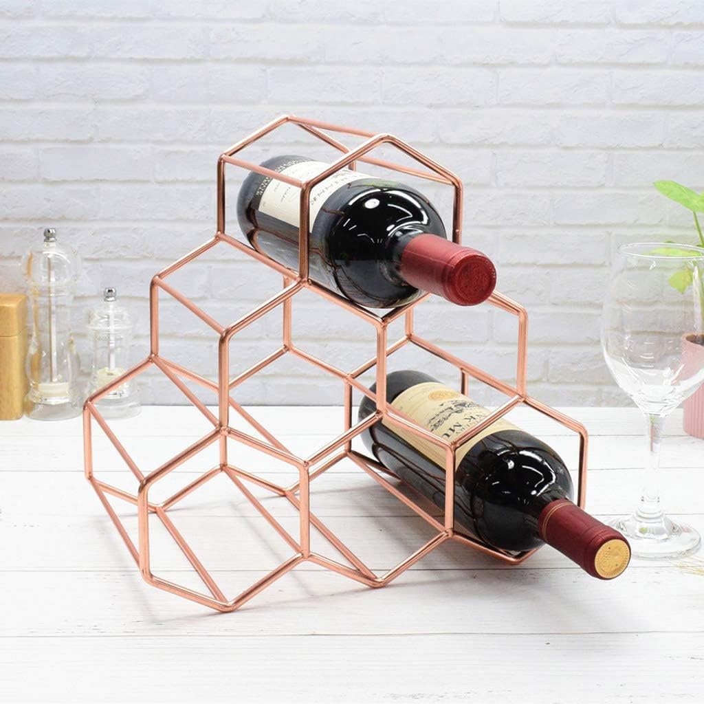 Rose Gold Metal Wine Rack Freestanding Countertop Wine Bottle Holder 6 Bottles Space Saver Protector Geometric Design for Wine Cellar Bar Cabinet Rack