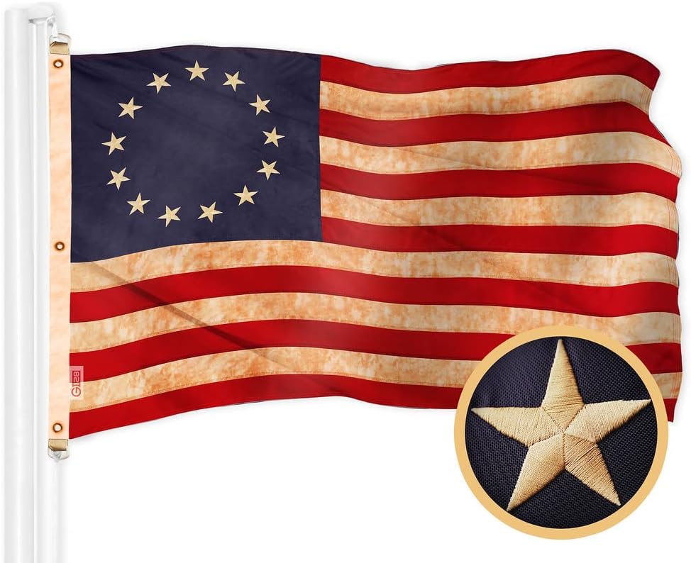 G128 Betsy Ross Tea-Stained Flag | 6x10 Ft | Embroidered 420D Polyester - Embroidered Stars, Sewn Stripes, Brass Grommets, Indoor/Outdoor, Vibrant Colors, Quality Polyester