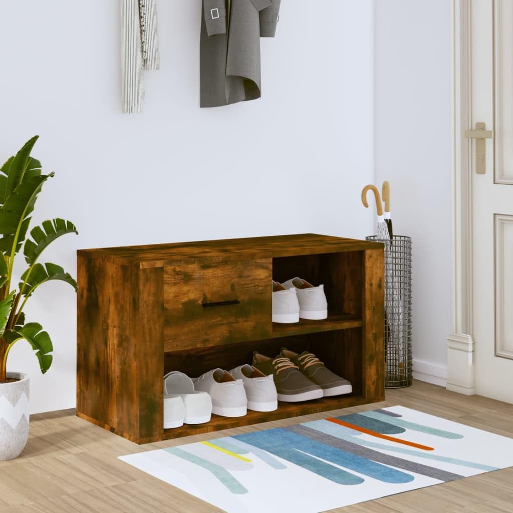 Organisateur de chaussures élégant en chêne fumé avec tiroir de rangement