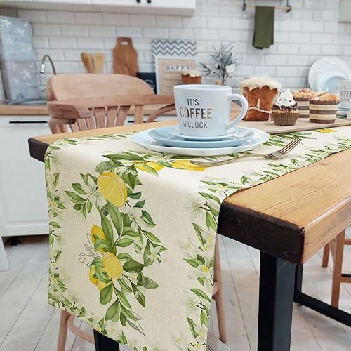 Miniatura 3 de Camino de mesa de primavera y verano con hojas y flores, fruta de temporada, decoración de mesa de comedor, lino largo, amarillo y verde, decoración