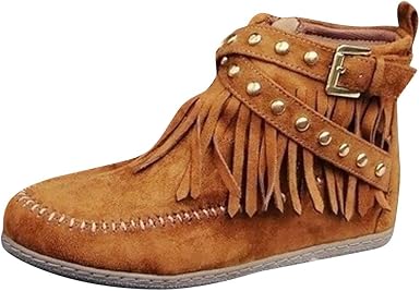 routinfly Botas Bajas de Mujer con Cremallera Lateral, Botas con Flecos,  Botas Planas de Cabeza Redonda Femenina en otoño e Invierno, Botas Desnudas  con Botas Retro Amarillo 32 : Amazon.es: Zapatos y
