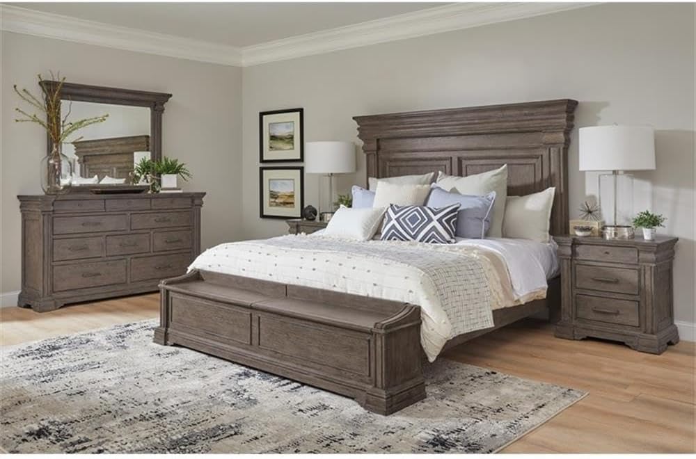 BOWERY HILL Beveled Dresser Mirror, 54 in W x 42 in H, Wood Frame Oak Veneer, Natural Brown Bark Finish, Traditional Design Bedroom Mirror, Matches Dresser for Secure Mounting