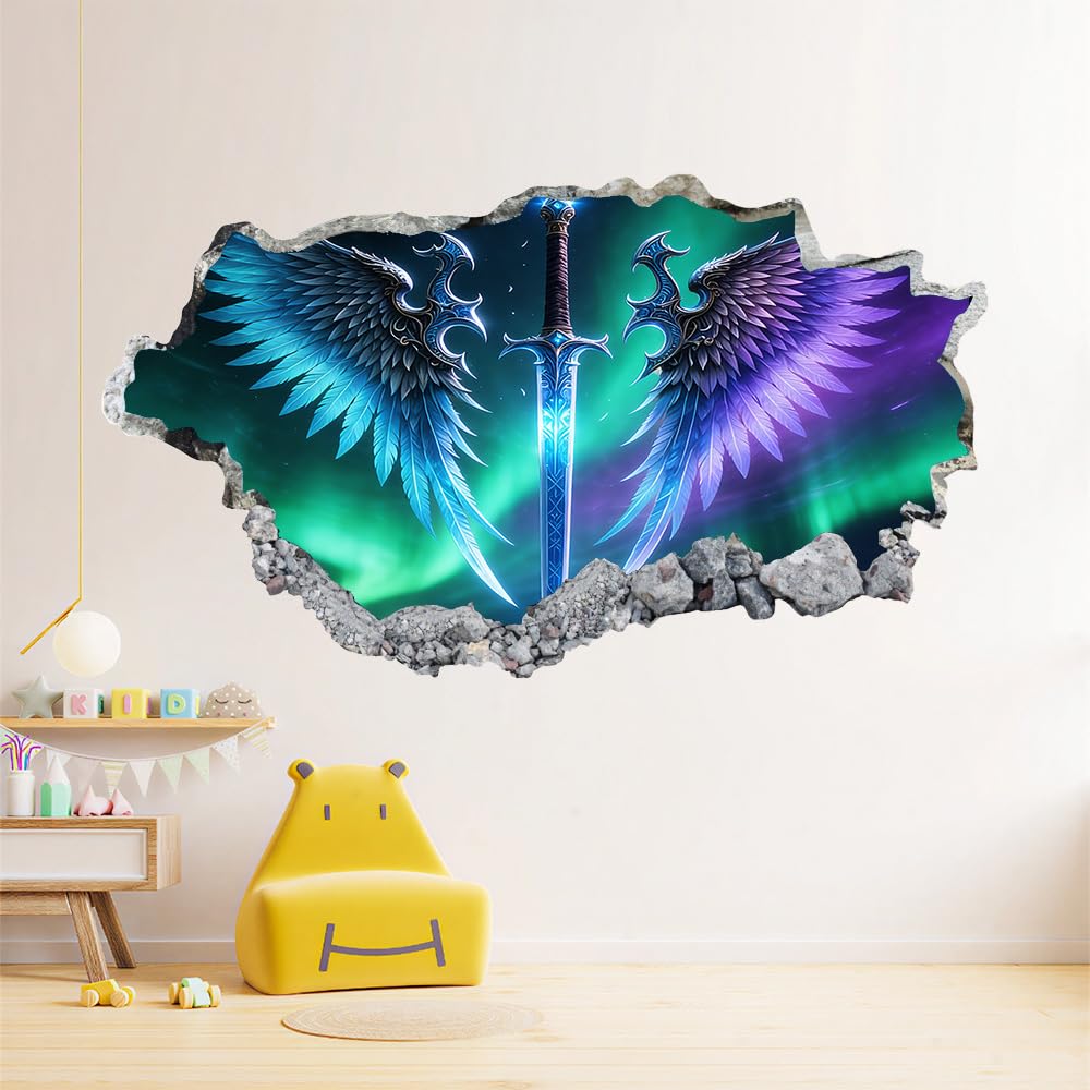 Decorazione da parete 3D, Ali Blu-Viola Stanza dell'autoadesivo della parete smontabile Spada Aurora per bambini Nursery Decorazioni