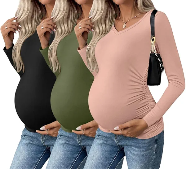 Ekouaer Womens Maternity Shirts Long Sleeve 3 Packs Pregnancy V-Neck Clothes Side Ruched Blouse Tops for Mama Black/Army Green/Dirty Pink S