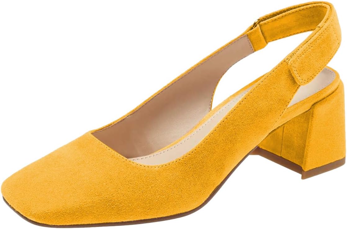 YDN Women Slingback Adjustable Slip On Strappy Block Chunky Mid Heels Pumps Square Toe Formal Loafer Shoes Size 4-15 US