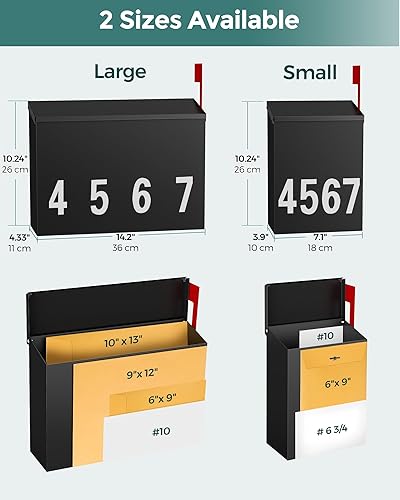 Miniatura 24 de LAND·VOI Buzón de pared con un kit de bandera y tres juegos de calcomanías de números de buzón de 0 a 9, buzones para exterior, buzón de metal Negro