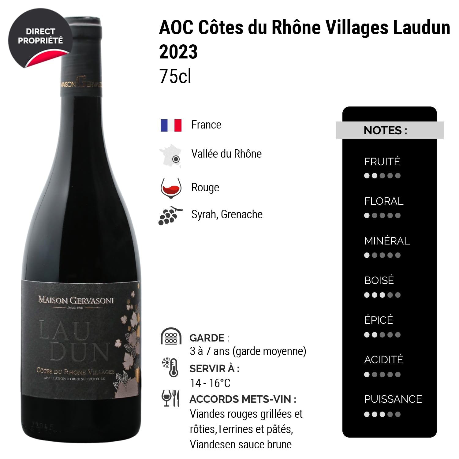 Côtes du Rhône Villages Laudun - Rouge 2023 - Maison Gervasoni - Vin Rouge de la Vallée du Rhône (6x75cl)