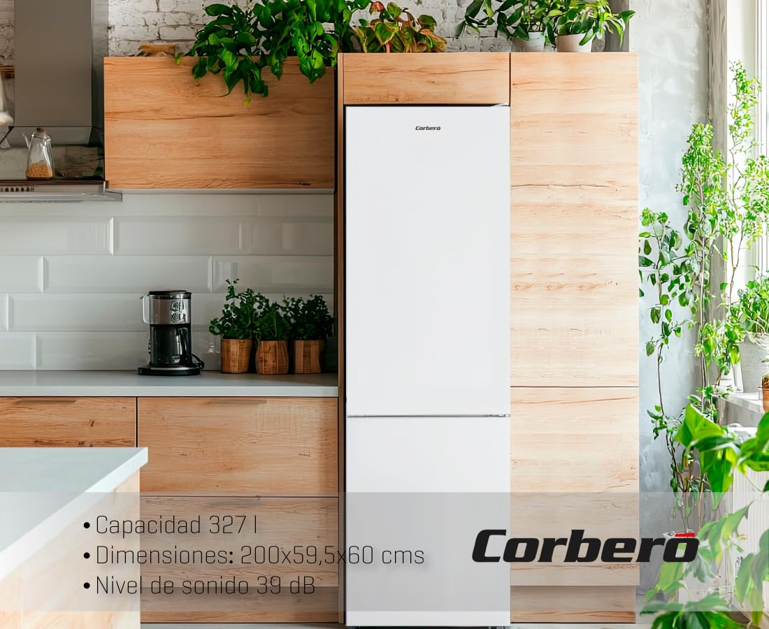 Corberó - Frigorífico Combi | CC200V24NFW | 327L | 60x59,5x201 | No Frost, Luz LED, Crisper, Balcones Ajustables, Estantes de Cristal, Huevera | 39 Db | Blanco