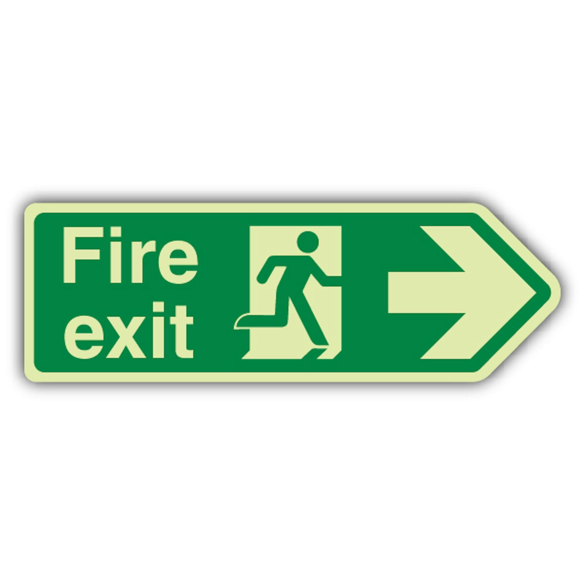 V Safety - Señal de flecha de salida de incendios que brilla en la oscuridad, 750 x 250 mm, vinilo autoadhesivo de triple brillo, señalización de seguridad contra incendios, fabricado en Gran Bretaña