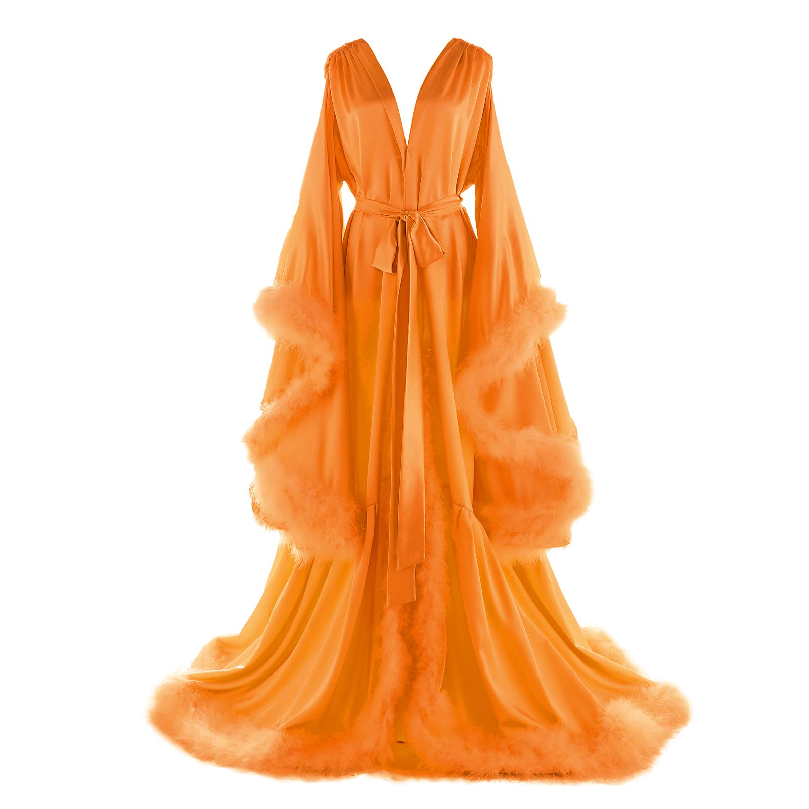 Women's Feather Bridal Robes Old Hollywood Maternity Photoshoot Nightgown Silk Bathrobe Long Lingerie: 3X-Large S-orange