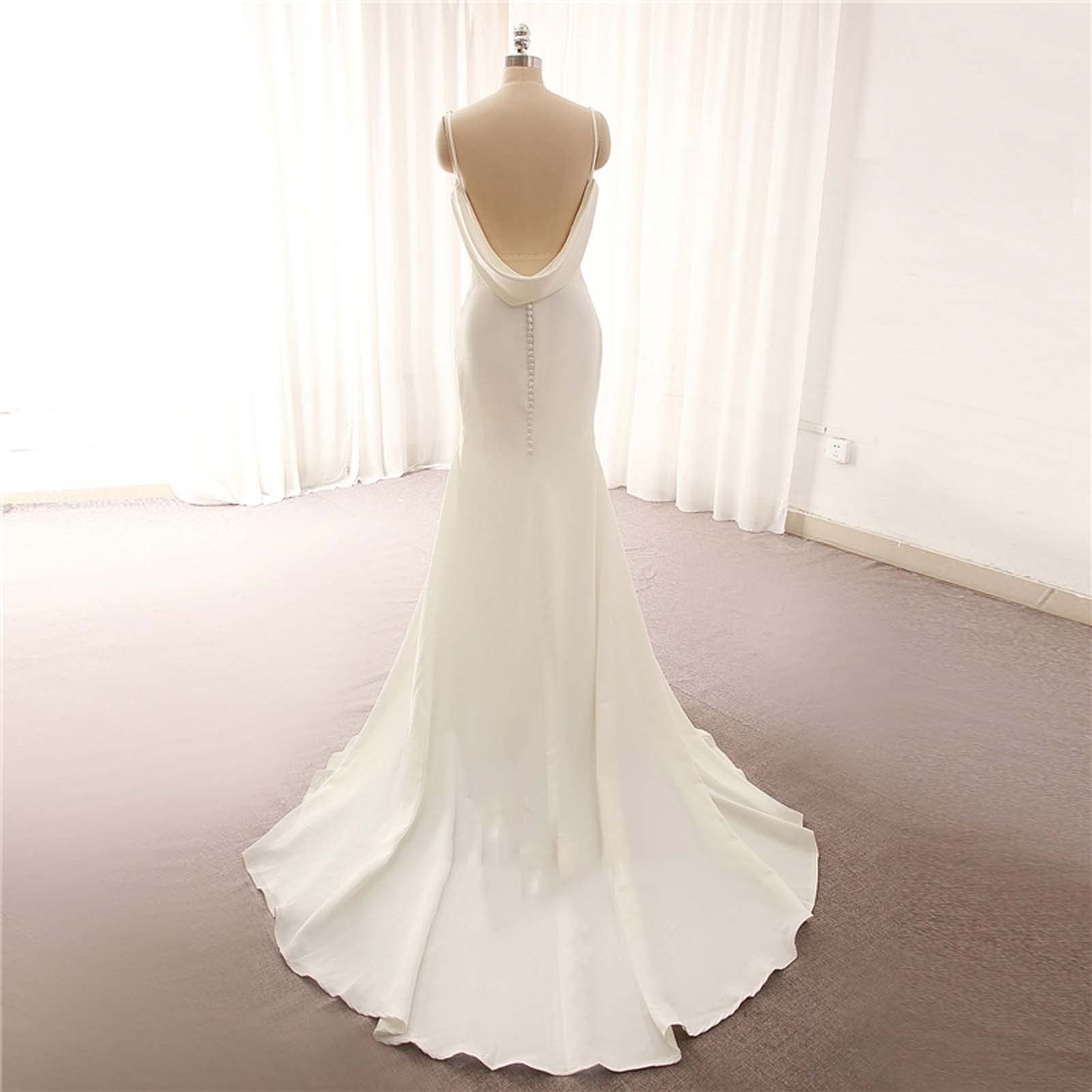 Vestido de Novia de Cuello V de Chiffon, Vestido de Dama de Honor de Sirena sin Espalda, Blanco, 6