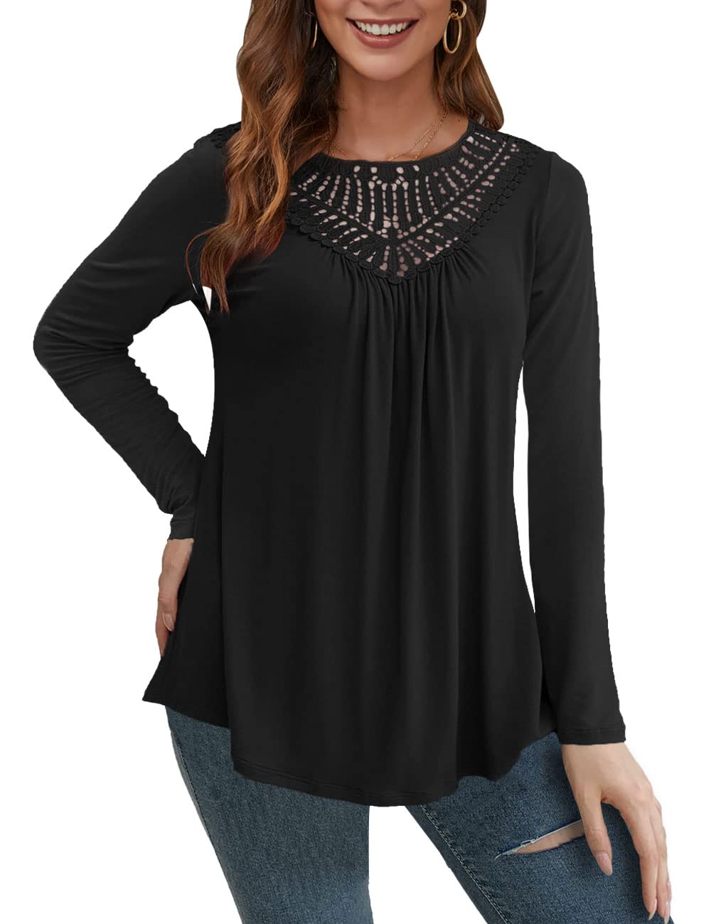 AAMILIFE Women’s Plus size Tee Long Sleeve Shirts Lace Pleated Tunic Causal Tops Blouses Large