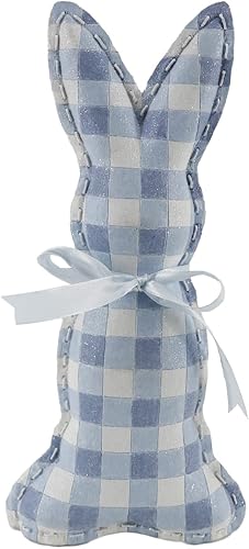 Miniatura 2 de Polyresin 436603 - Figura decorativa de conejo de Pascua a cuadros azules y blancos con cinta, decoración de primavera