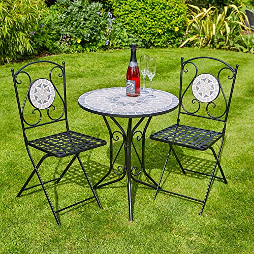 Home Source Mosaic Bistro Set Outdoor Patio Garden Furniture Table and 2 Chairs Metal Frame (Athens)