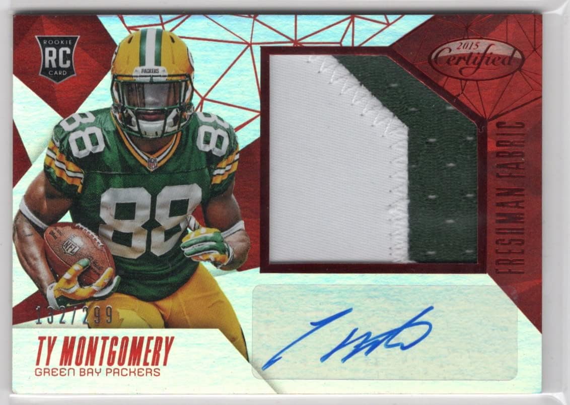 Ty Montgomery Autographed & Serial Numbered #132/299 Certified Potential Mirror Red Rookie Card Game Used 2 Color Patch Jersey Relic Memorabilia Football Card - 2015 Panini Certified Football Card #215 (Packers)