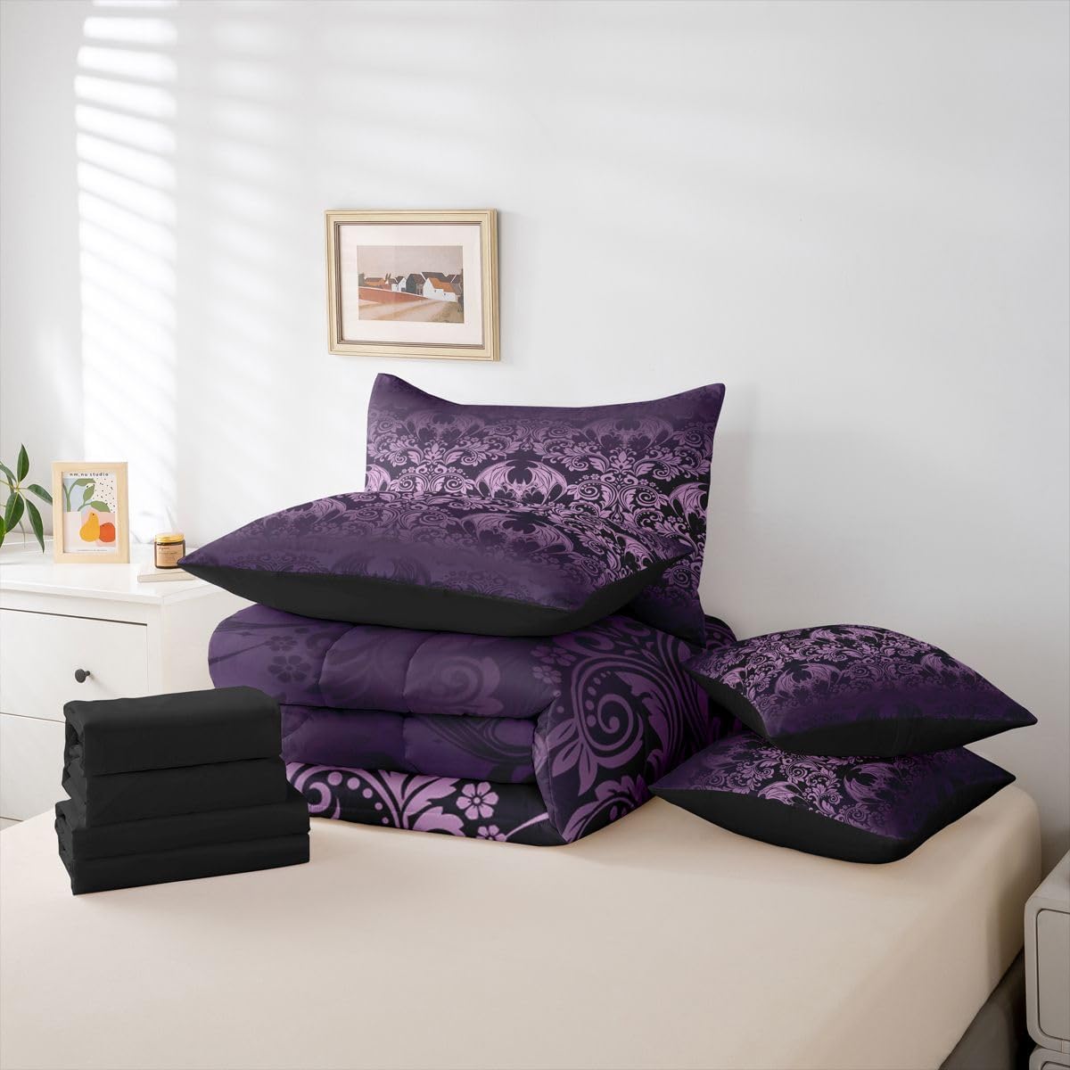 Feelyou Adults Gothic Damask Print Bedding Set Purple Goth Bat Victorian Floral Comforter Set 7 Pieces Comforters King Size Boho Bohemian Exotic Bed in a Bag