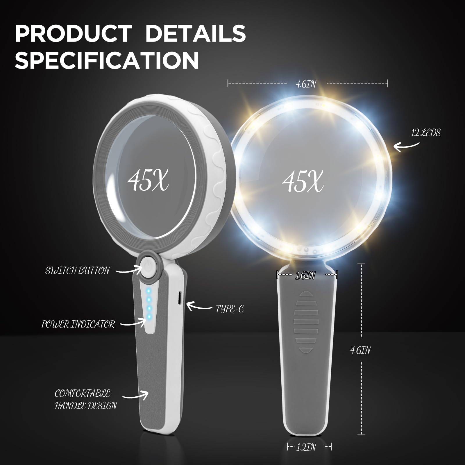 Lupa 45X con luz, lupa recargable grande para lectura | Lentes acrílicas dobles de 4.6 pulgadas • Batería de 1200 mAh • 6 modos de iluminación • Brillo ajustable • Diseño ergonómico