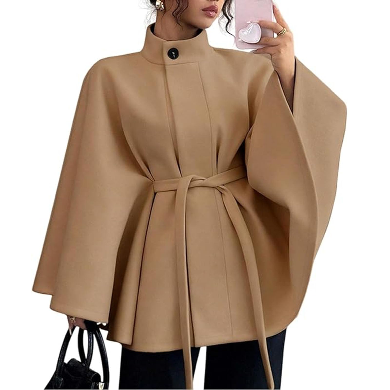 Yhtrfdmsg Women's Camel Dolman Sleeve Cape Coat Jackets, Fashion Belted Ponchos Pea Coat Oversizeds Cloak Trendy Elegant Leisure Dressy Outerwear (,Xl)