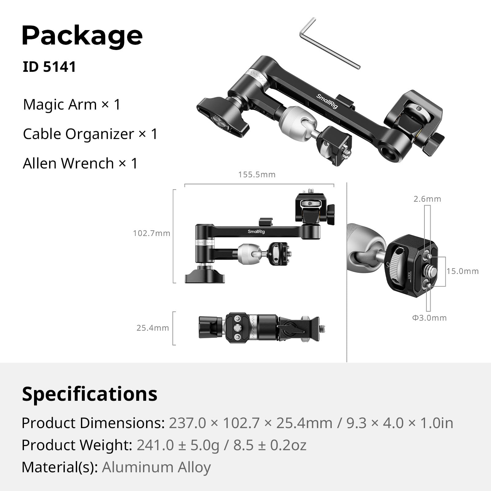 SMALLRIG Brazo Mágico con Cabeza Esférica 360° y Amortiguación - Soporte para Monitor en Hombro/Trípode, Organizador de Cables, Carga 2kg (4.4lb), Largo 145mm (5.7") - 5141