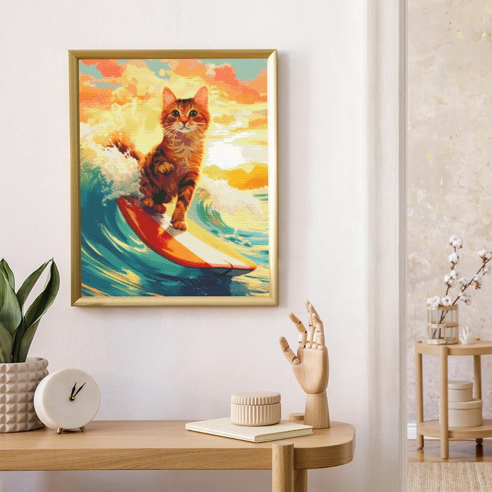 Figured'Art Diamond Painting Erwachsene 40x50cm Mit Rahmen Ganze Leinwand gespannt Surfende Katze 5D Bilder Eckige Steine - DIY Set Basteln